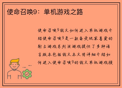 使命召唤9：单机游戏之路